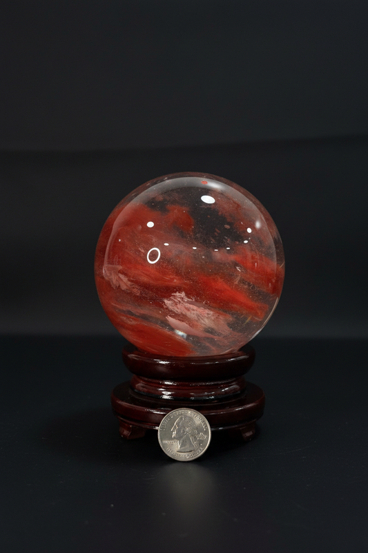 Red Smelted Crystal Sphere on mahogany wooden stand
